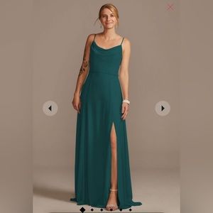 David’s Bridal cowl neck chiffon bridesmaid dress with slit Style# F20235 Gem